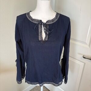 Passport Womens Navy Blue Cotton Gauze Crochet Lace Trim Peasant Blouse Size M